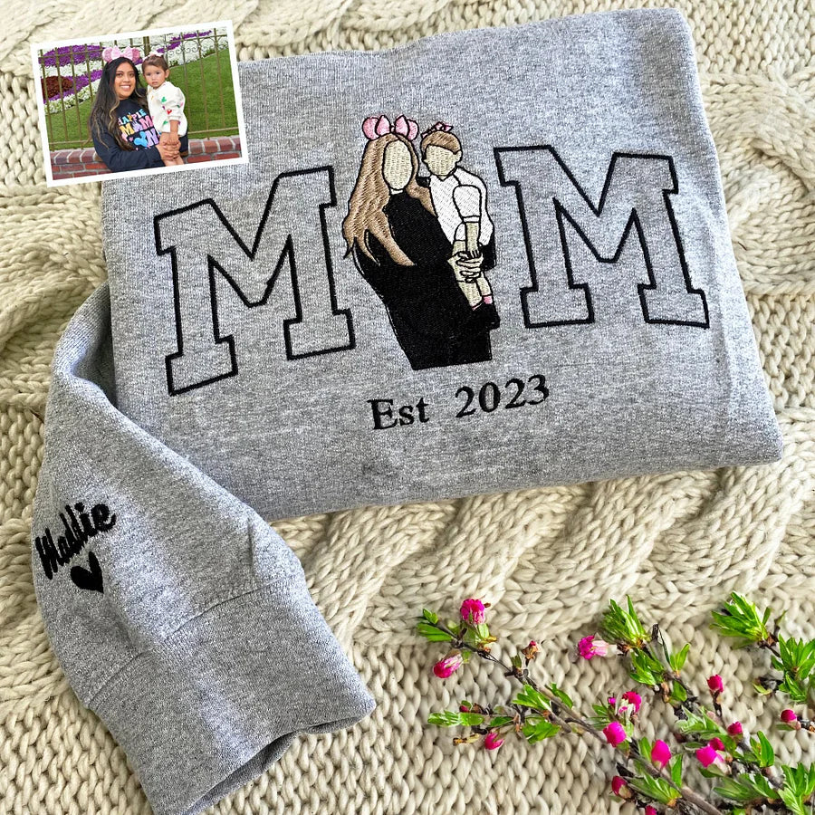 Aangepaste Mama Sweatshirt, Foto Hoodie, Geborduurd Mama En Kinderportret, Varsity Shirt, Gepersonaliseerd Borduurshirt Voor Mama