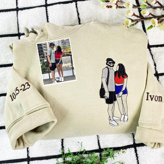 Aangepaste hoodie met geborduurd koppel, aangepaste portret van foto sweatshirt, sweatshirt met koppel, jubileumcadeau, gepersonaliseerd cadeau voor koppel