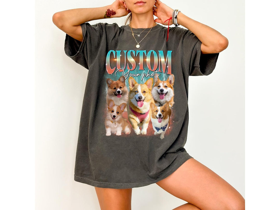 Aangepaste Comfortkleuren Retro Hondenshirt, Gepersonaliseerd Huisdier T-Shirt, Aangepaste Jaren 90 Fotoafbeelding, Bootleg Rap Dog Shirt, Custom Design Tee