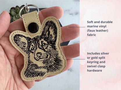Aangepaste Geborduurde Corgi-Portret Sleutelhanger - Schetsstijl Sleutelhanger Of Tasbedel, Meerdere Kleuropties, Perfect Cadeau Voor Hondenliefhebbers