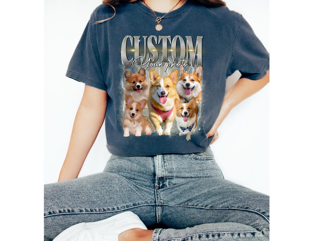 Aangepaste Comfortkleuren Retro Hondenshirt, Gepersonaliseerd Huisdier T-Shirt, Aangepaste Jaren 90 Fotoafbeelding, Bootleg Rap Dog Shirt, Custom Design Tee