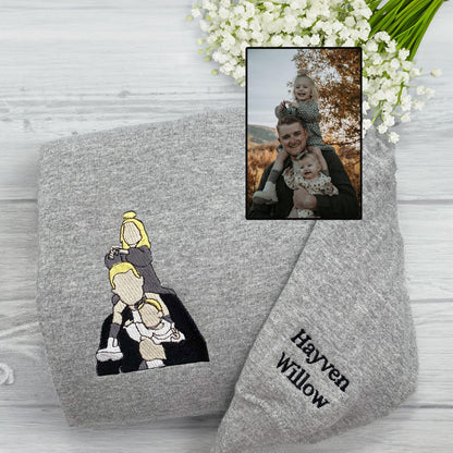 Perfect cadeau voor Vaderdag, geborduurde vaderhoodie met foto, gepersonaliseerde vadersweater met portret van foto, vader en zoon shirt