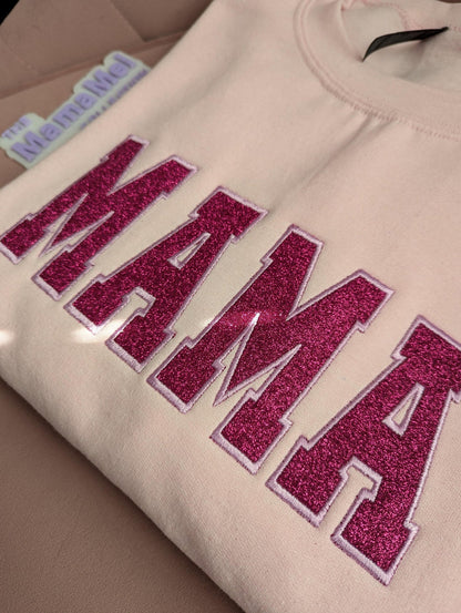 Sw Sparkling Mama Glitter Applicatie Geborduurd Sweatshirt, Aangepaste Glitter Crewneck, Mooie Glitter Mama Geborduurde Trui, Valentijnscadeau