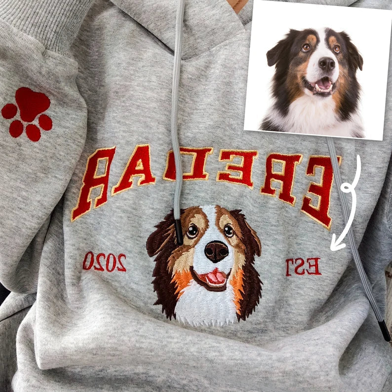 Aangepaste Hond Hoodie, Geborduurde Hondennaam, Gepersonaliseerde Huisdier Gezicht Sweatshirt Van Uw Foto, Varsity Stijl Hoodie, Cadeaus Voor Hondenliefhebbers