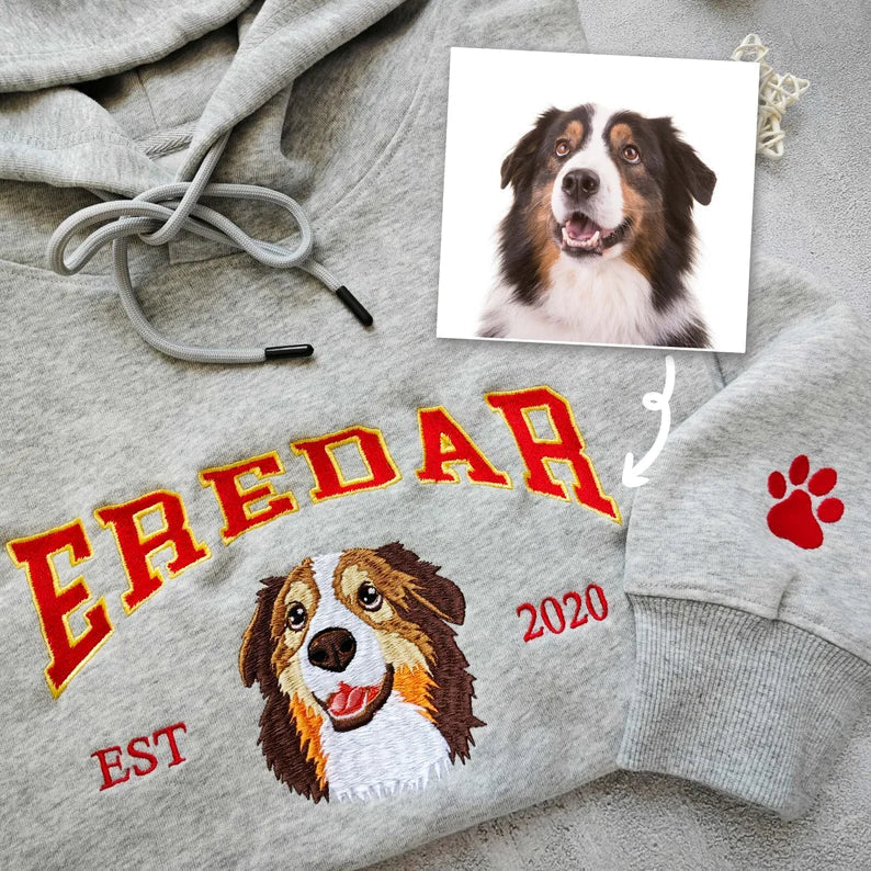 Aangepaste Hond Hoodie, Geborduurde Hondennaam, Gepersonaliseerde Huisdier Gezicht Sweatshirt Van Uw Foto, Varsity Stijl Hoodie, Cadeaus Voor Hondenliefhebbers