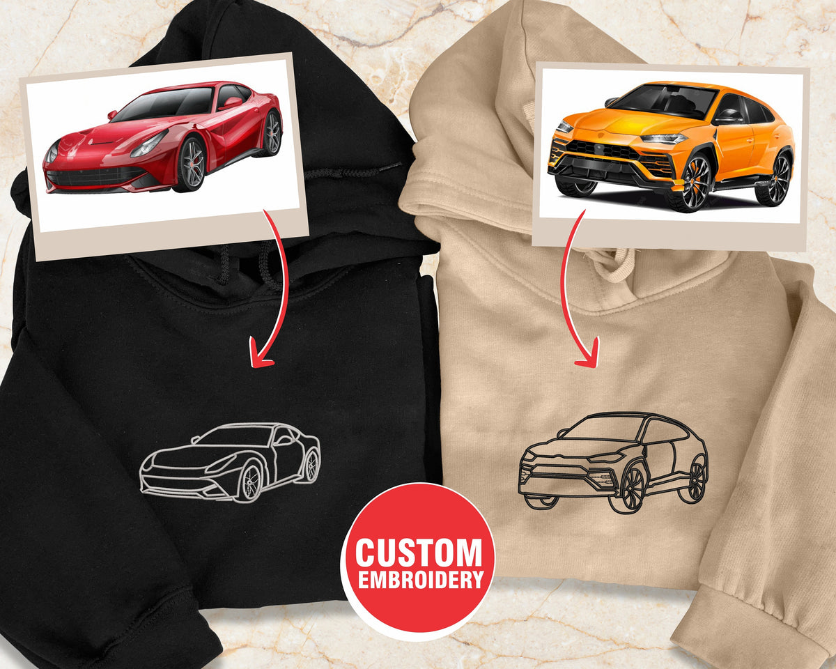 Aangepaste autoportret van foto geborduurde hoodie, gepersonaliseerde autotekening trui, lijntekeningen overzicht auto cadeau hoodie