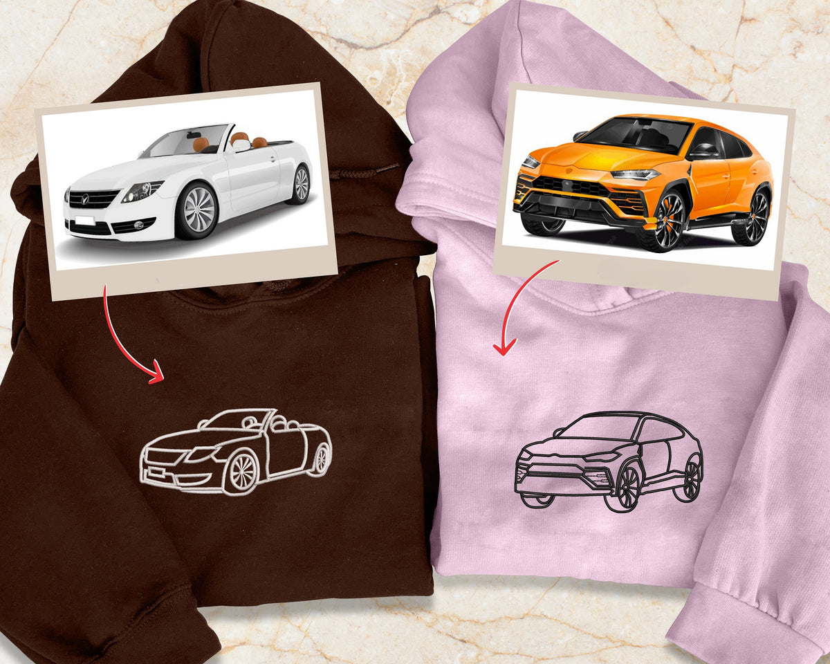 Aangepaste autoportret van foto geborduurde hoodie, gepersonaliseerde autotekening trui, lijntekeningen overzicht auto cadeau hoodie