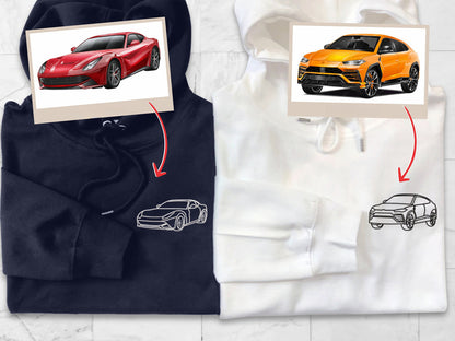 Aangepaste autoportret van foto geborduurde hoodie, gepersonaliseerde autotekening trui, lijntekeningen overzicht auto cadeau hoodie