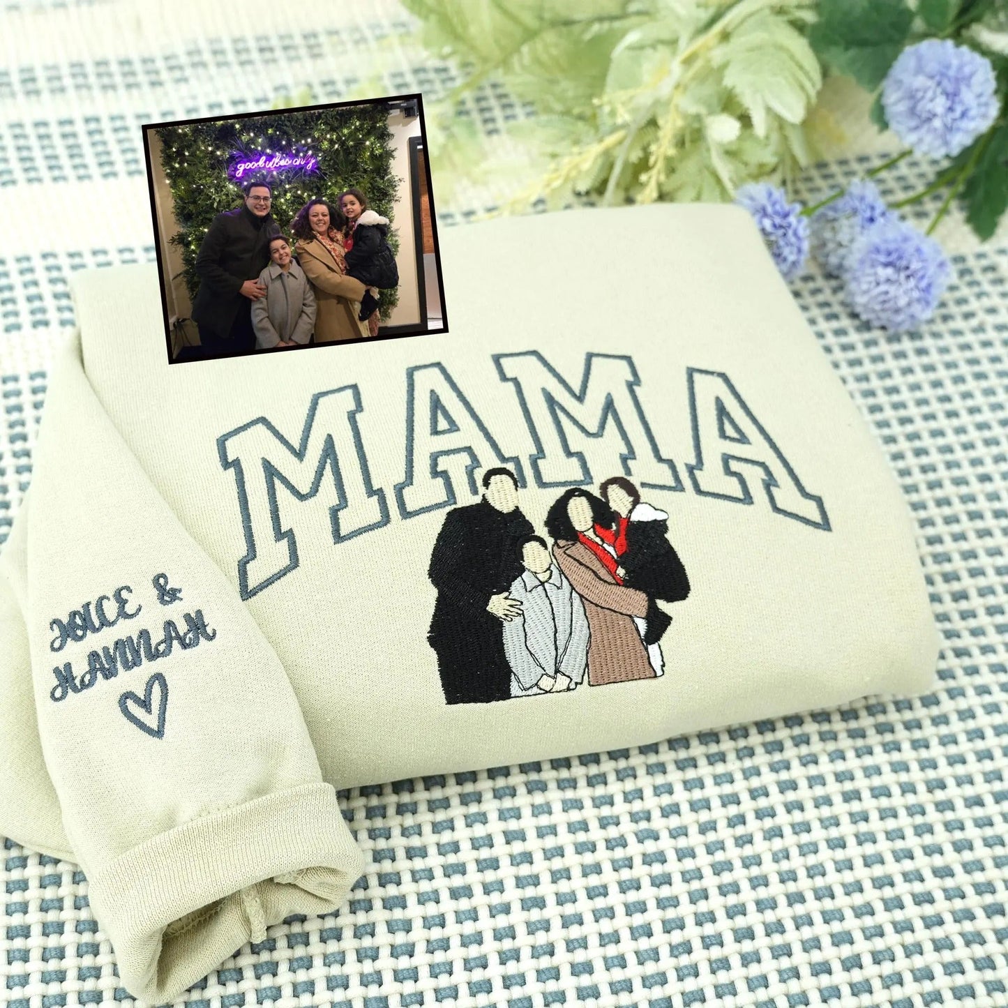Moederdagcadeau voor mama – Een sweatshirt met individuele borduursels en kinderportretten of -namen.