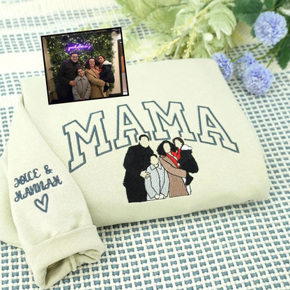 Moederdagcadeau voor mama – Een sweatshirt met individuele borduursels en kinderportretten of -namen.