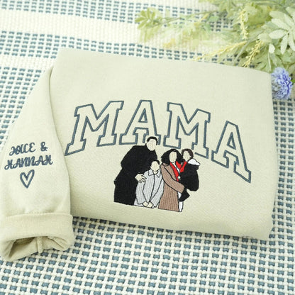 Moederdagcadeau voor mama – Een sweatshirt met individuele borduursels en kinderportretten of -namen.