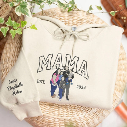 Moederdagcadeau voor mama – Een sweatshirt met individuele borduursels en kinderportretten of -namen.