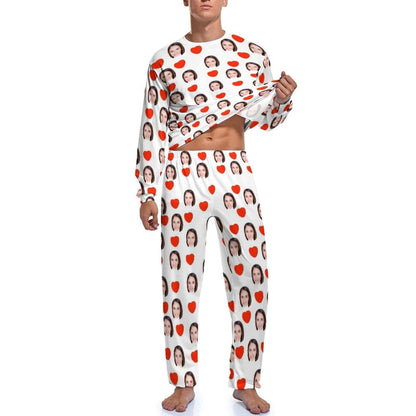 Aangepaste gezicht liefde hart vriendin witte heren pyjama gepersonaliseerde grappige lange mouw nachtkleding voor hem