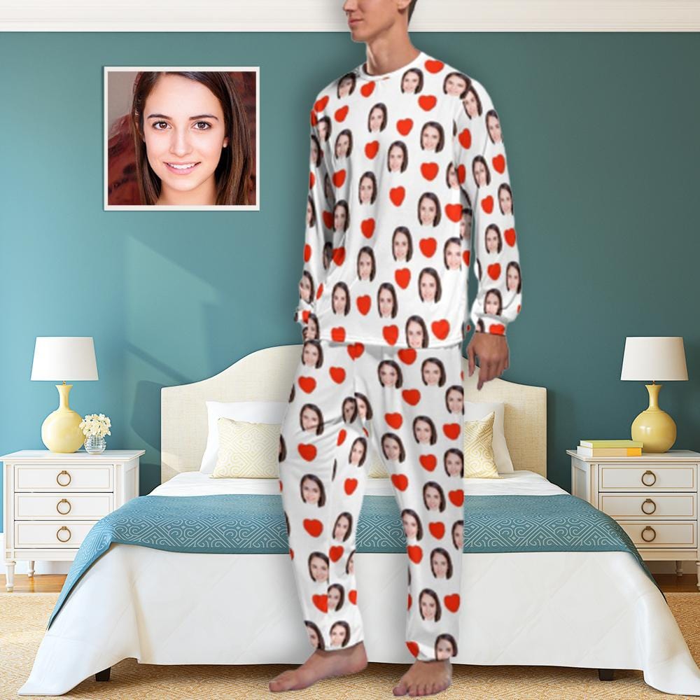 Aangepaste gezicht liefde hart vriendin witte heren pyjama gepersonaliseerde grappige lange mouw nachtkleding voor hem