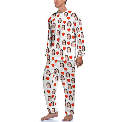 Aangepaste gezicht liefde hart vriendin witte heren pyjama gepersonaliseerde grappige lange mouw nachtkleding voor hem