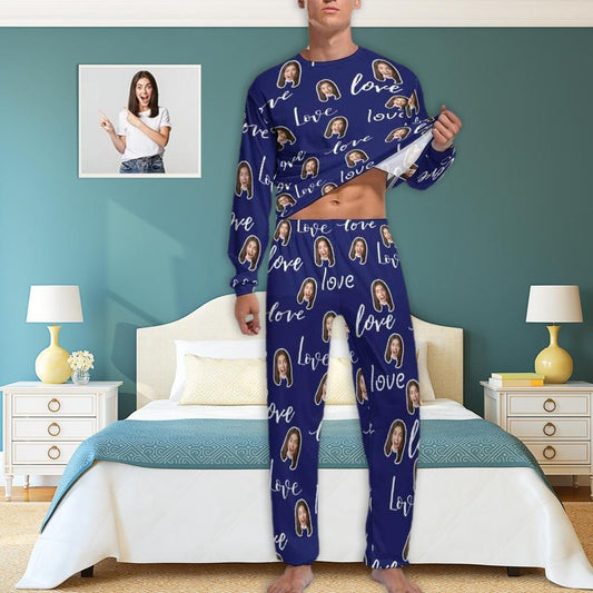 Aangepast gezicht, liefdesbrieven, herenpyjama's, gepersonaliseerde nachtkledingsets met foto, grappige nachtkleding met lange mouwen voor hem