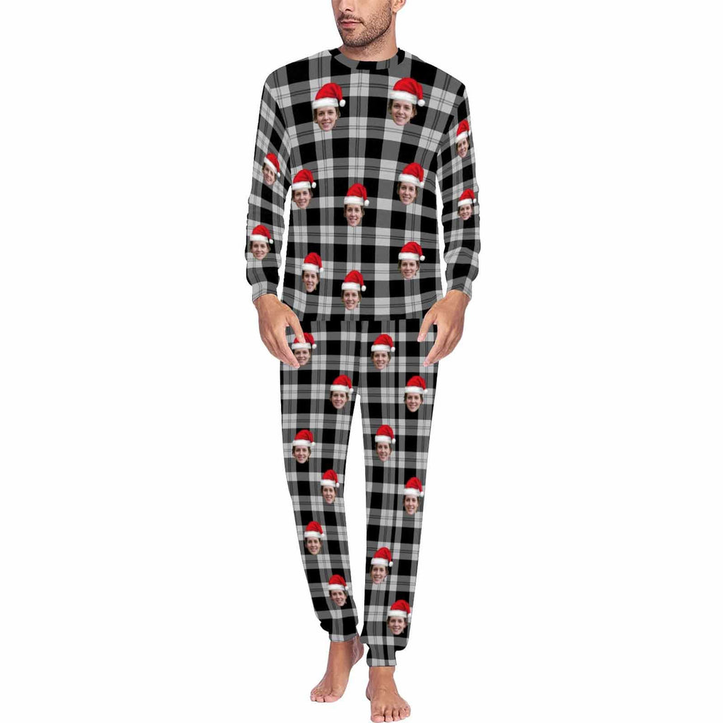 Gepersonaliseerde kerstpyjama met aangepast gezicht, zwarte en grijze strepen, herenpyjamaset met all-over print