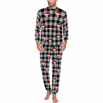 Gepersonaliseerde kerstpyjama met aangepast gezicht, zwarte en grijze strepen, herenpyjamaset met all-over print