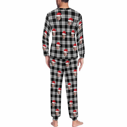 Gepersonaliseerde kerstpyjama met aangepast gezicht, zwarte en grijze strepen, herenpyjamaset met all-over print