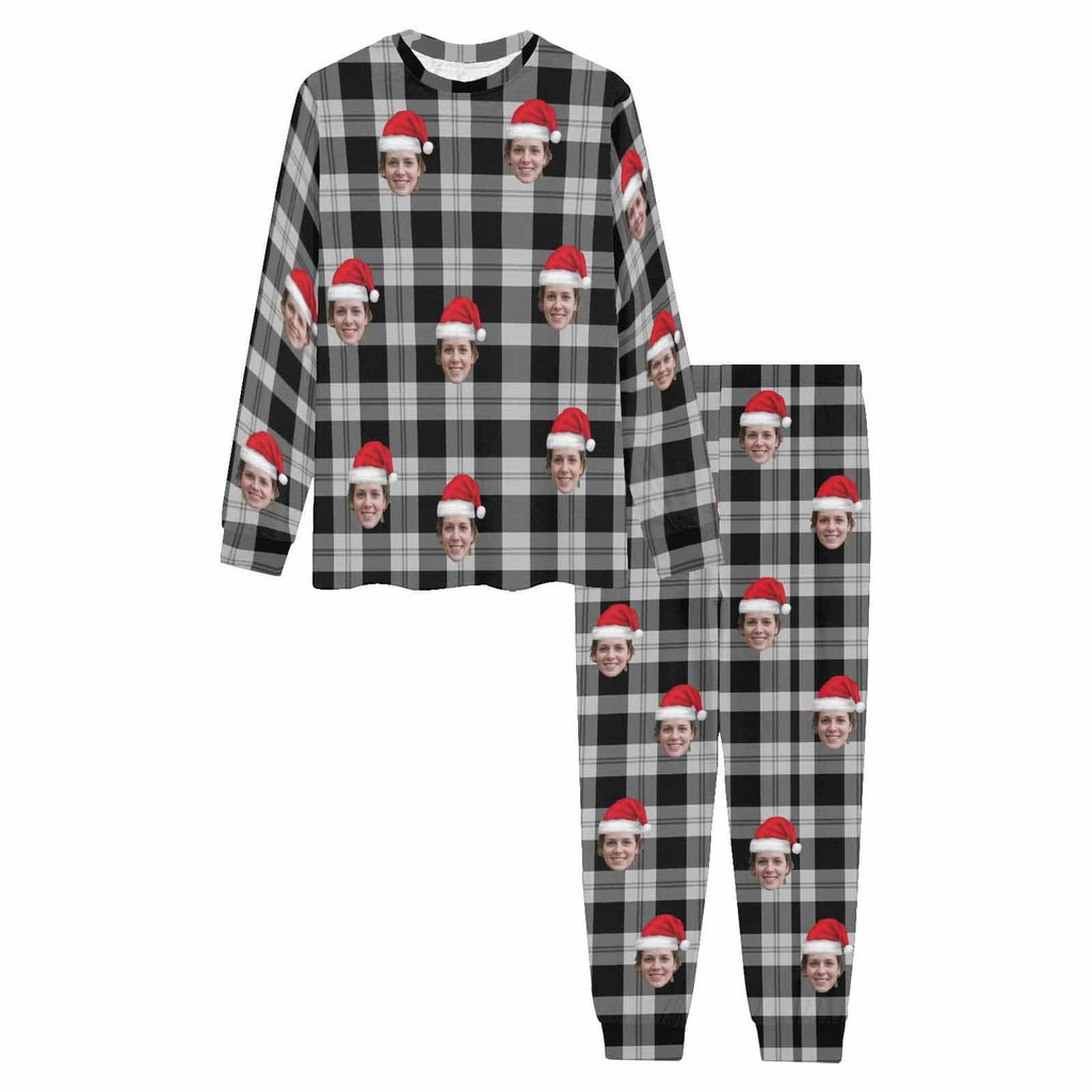 Gepersonaliseerde kerstpyjama met aangepast gezicht, zwarte en grijze strepen, herenpyjamaset met all-over print