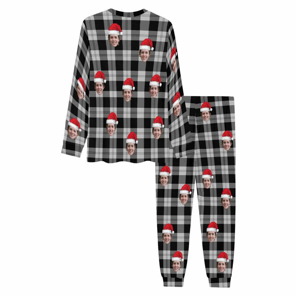 Gepersonaliseerde kerstpyjama met aangepast gezicht, zwarte en grijze strepen, herenpyjamaset met all-over print