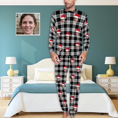 Gepersonaliseerde kerstpyjama met aangepast gezicht, zwarte en grijze strepen, herenpyjamaset met all-over print