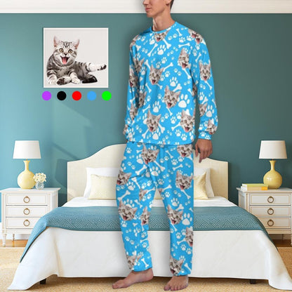 Gepersonaliseerde lange ronde hals huisdier pyjama set aangepaste gezicht kat voetafdrukken herenpyjama