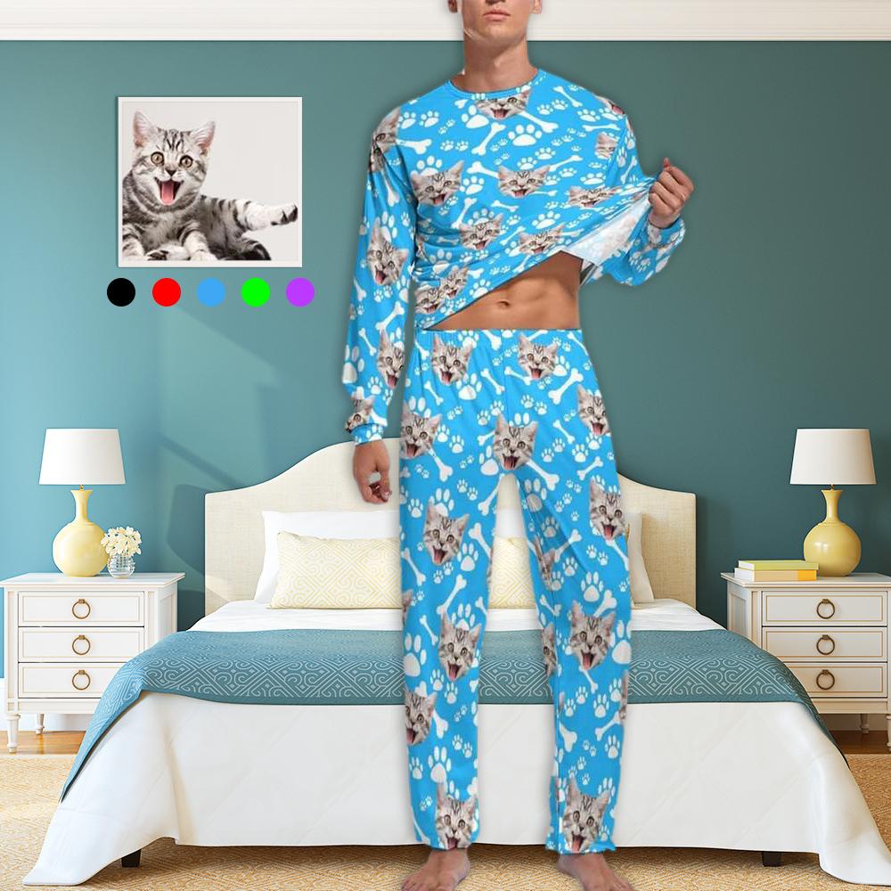 Gepersonaliseerde lange ronde hals huisdier pyjama set aangepaste gezicht kat voetafdrukken herenpyjama