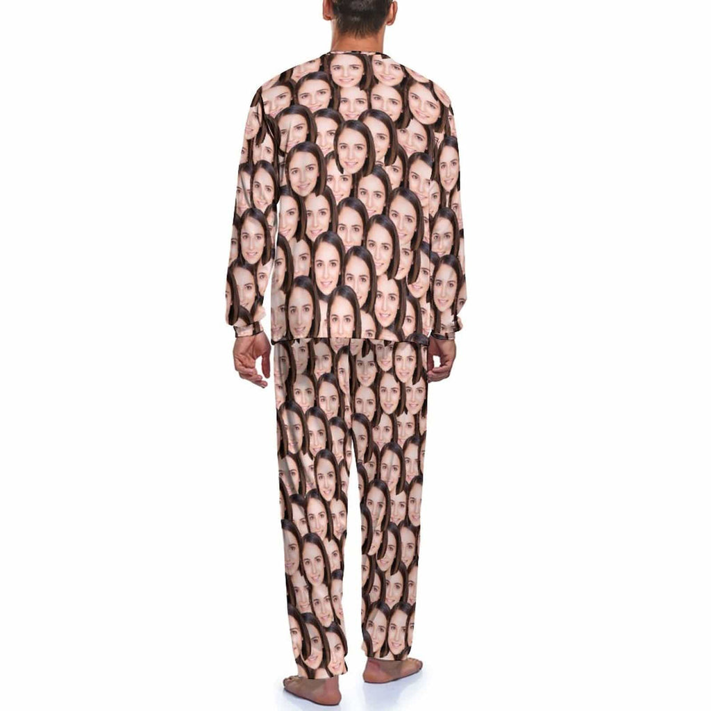 Gepersonaliseerde fotopyjama voor mannen, aangepaste gezichtminnaar hoofd ronde hals lange pyjamaset, cadeaus voor koppels