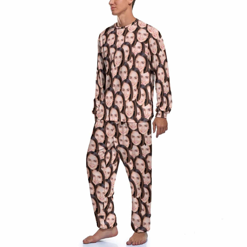 Gepersonaliseerde fotopyjama voor mannen, aangepaste gezichtminnaar hoofd ronde hals lange pyjamaset, cadeaus voor koppels