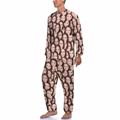 Gepersonaliseerde fotopyjama voor mannen, aangepaste gezichtminnaar hoofd ronde hals lange pyjamaset, cadeaus voor koppels