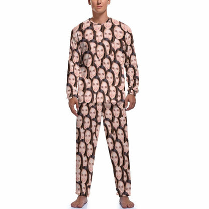 Gepersonaliseerde fotopyjama voor mannen, aangepaste gezichtminnaar hoofd ronde hals lange pyjamaset, cadeaus voor koppels