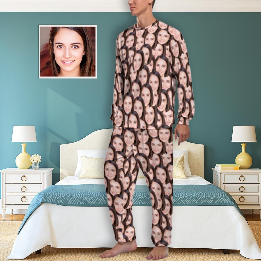 Gepersonaliseerde fotopyjama voor mannen, aangepaste gezichtminnaar hoofd ronde hals lange pyjamaset, cadeaus voor koppels