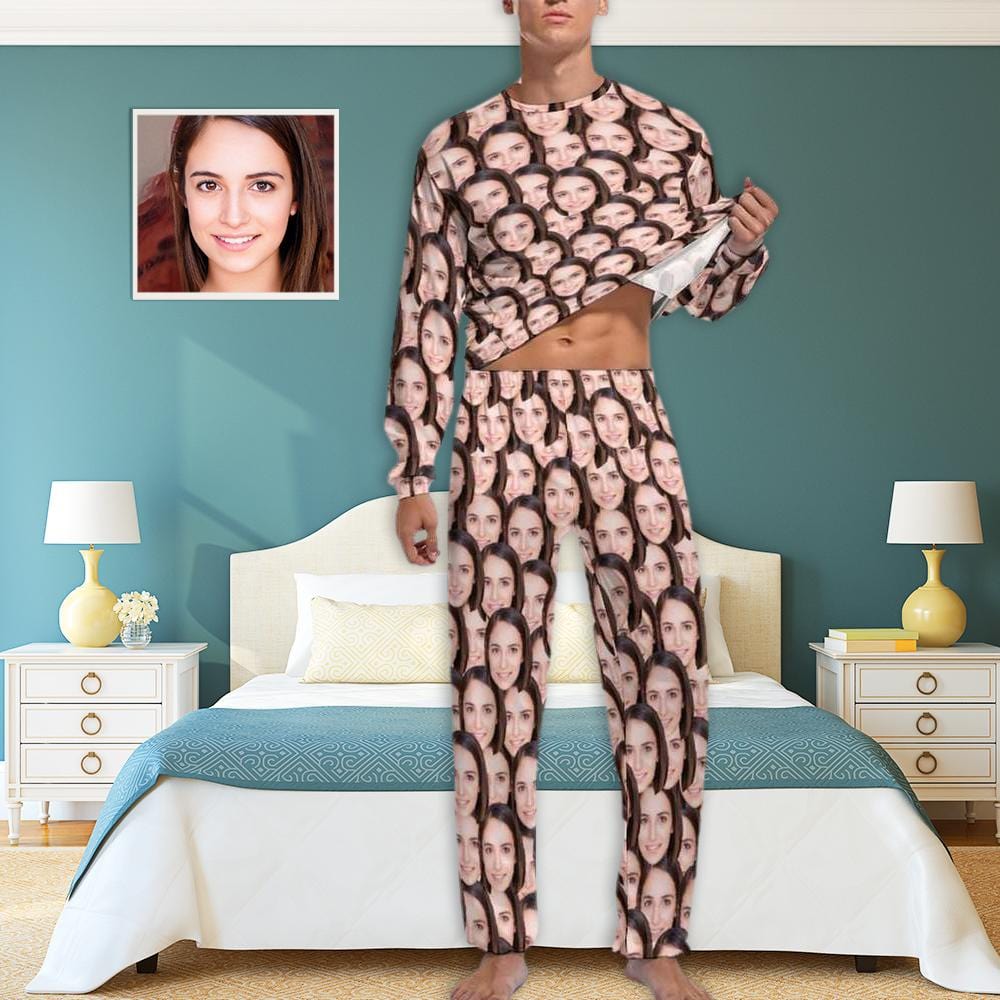 Gepersonaliseerde fotopyjama voor mannen, aangepaste gezichtminnaar hoofd ronde hals lange pyjamaset, cadeaus voor koppels