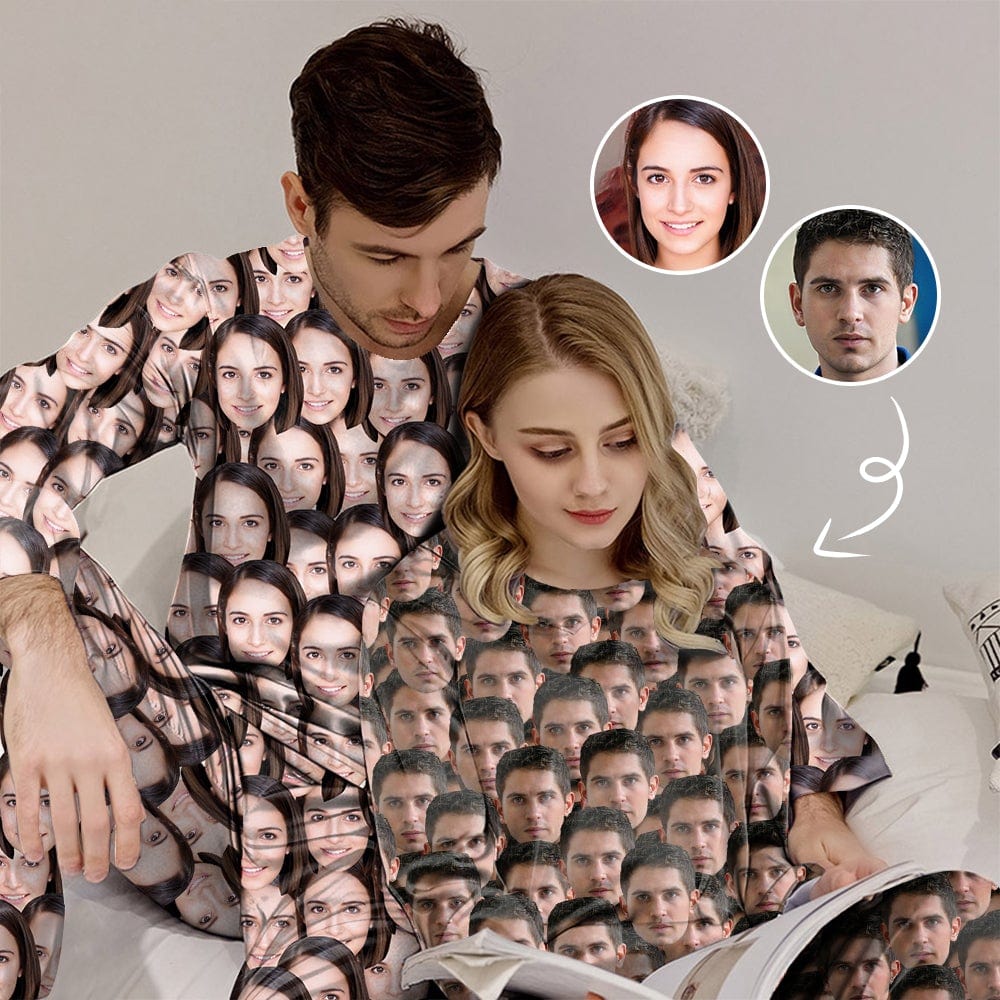 Gepersonaliseerde fotopyjama voor mannen, aangepaste gezichtminnaar hoofd ronde hals lange pyjamaset, cadeaus voor koppels