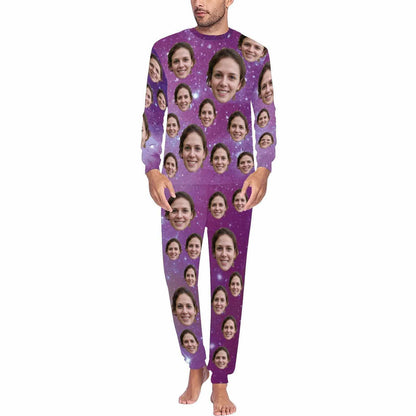 Paarse Loungewear Custom Face Paarse Sterrenhemel Nachtkleding Gepersonaliseerde herenpyjamaset met all-over print