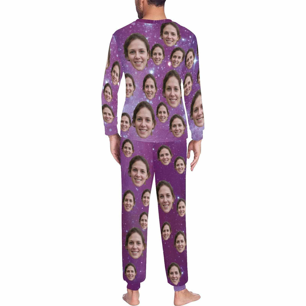 Paarse Loungewear Custom Face Paarse Sterrenhemel Nachtkleding Gepersonaliseerde herenpyjamaset met all-over print