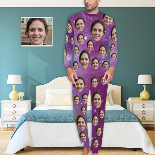 Paarse Loungewear Custom Face Paarse Sterrenhemel Nachtkleding Gepersonaliseerde herenpyjamaset met all-over print