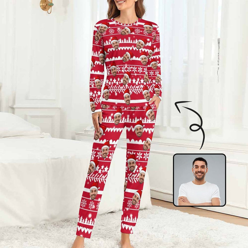 Aangepaste vriendje gezicht kerstpatroon nachtkleding gepersonaliseerde dames pyjama party ronde hals lange pyjama set