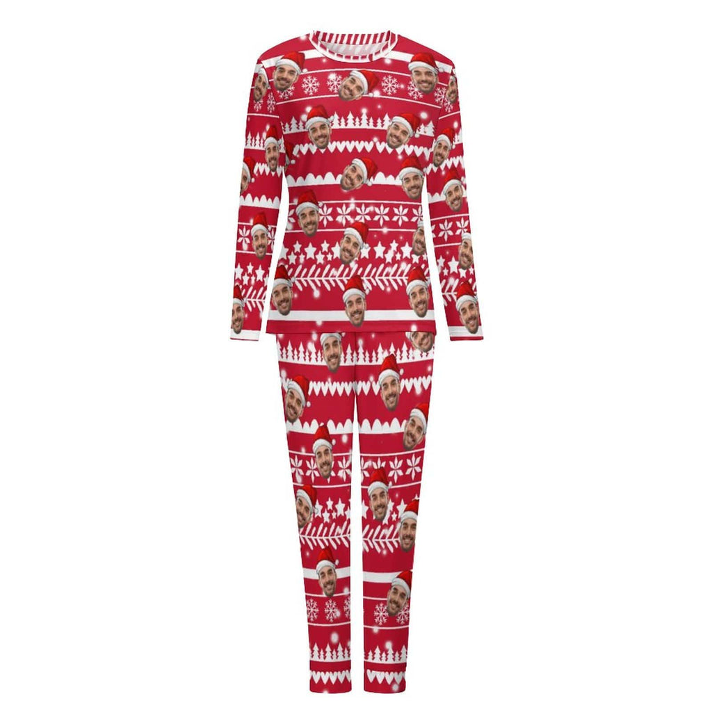 Aangepaste vriendje gezicht kerstpatroon nachtkleding gepersonaliseerde dames pyjama party ronde hals lange pyjama set