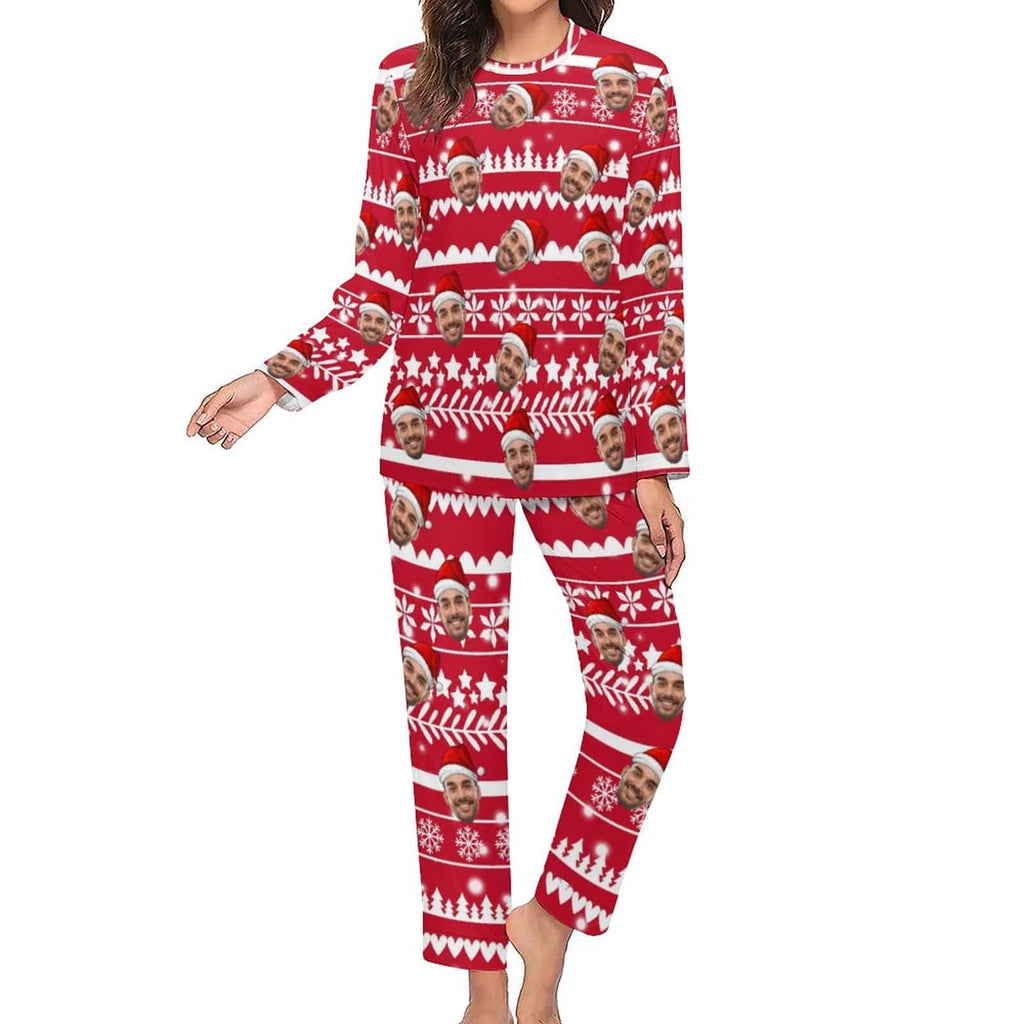 Aangepaste vriendje gezicht kerstpatroon nachtkleding gepersonaliseerde dames pyjama party ronde hals lange pyjama set