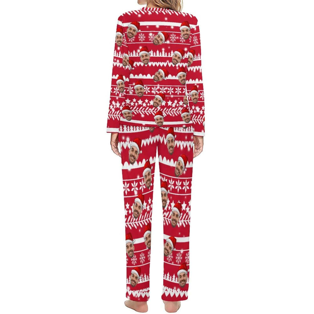 Aangepaste vriendje gezicht kerstpatroon nachtkleding gepersonaliseerde dames pyjama party ronde hals lange pyjama set