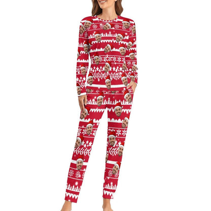 Aangepaste vriendje gezicht kerstpatroon nachtkleding gepersonaliseerde dames pyjama party ronde hals lange pyjama set