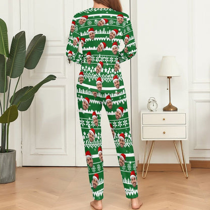 Aangepaste vriendje gezicht kerstpatroon nachtkleding gepersonaliseerde dames pyjama party ronde hals lange pyjama set