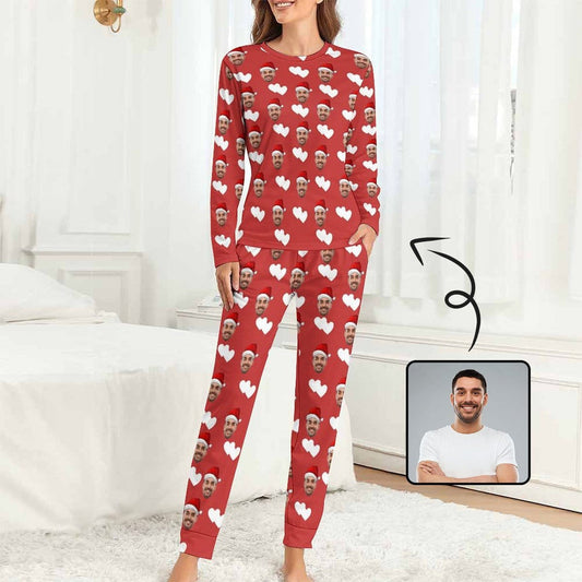 Aangepaste vriendje gezicht liefde hart kerstmuts pyjama nachtkleding gepersonaliseerde vrouwen ronde hals pyjama set