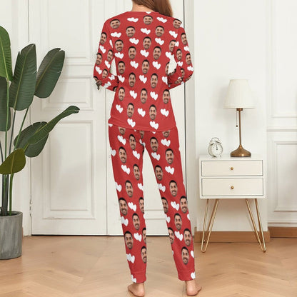 Aangepaste vriendje gezicht liefde hart kerstmuts pyjama nachtkleding gepersonaliseerde vrouwen ronde hals pyjama set