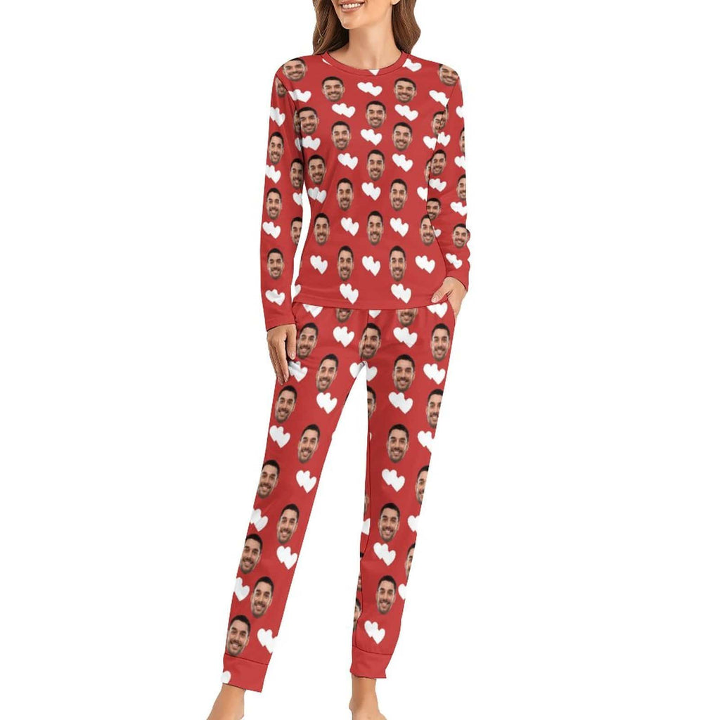 Aangepaste vriendje gezicht liefde hart kerstmuts pyjama nachtkleding gepersonaliseerde vrouwen ronde hals pyjama set