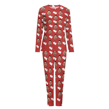 Aangepaste vriendje gezicht liefde hart kerstmuts pyjama nachtkleding gepersonaliseerde vrouwen ronde hals pyjama set