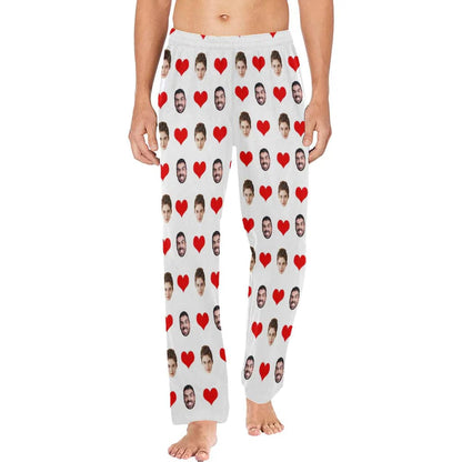 Lange pyjamabroek met aangepast gezicht en rood liefdeshart, gepersonaliseerde pyjamafeest-nachtkleding voor heren