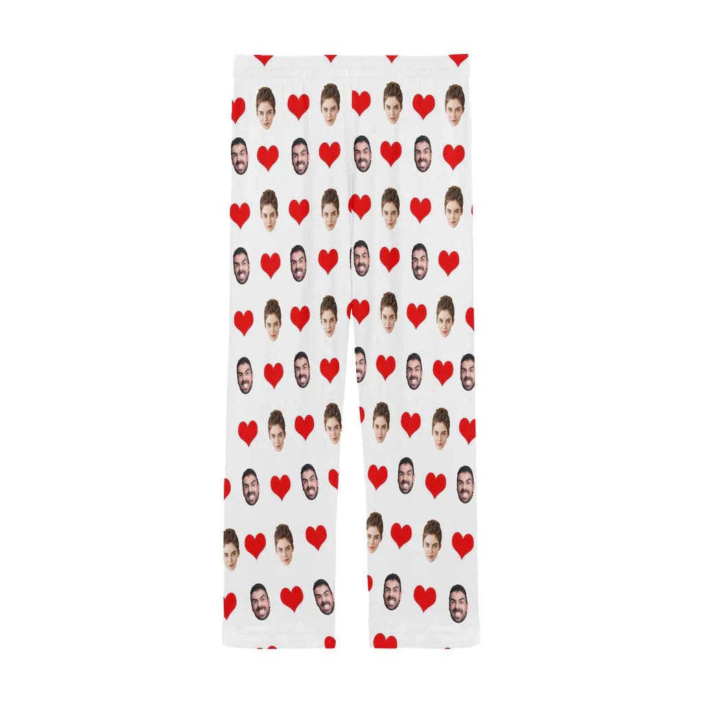 Lange pyjamabroek met aangepast gezicht en rood liefdeshart, gepersonaliseerde pyjamafeest-nachtkleding voor heren